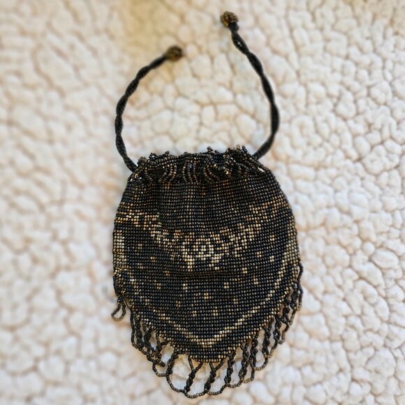 None Handbags - Antique Beaded Drawstring Pouch – Black & Gold, Fringe Tassels, Art Deco Style